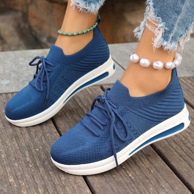 Mode Herbst Neue Flache Einzelne Schuhe Damen Rundkopf Gestricktes Mesh-Gewebe Atmungsaktiv Schnürung vorne Weiche Sohle Rutschfest Sportschuhe