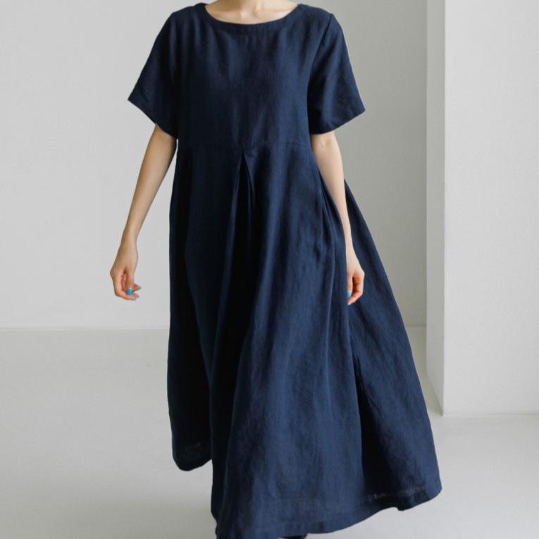 2024 Plus Size Cotton Linen Pullover Dress: Round Neck, Over-the-Knee, Preppy Mori Girl Style
