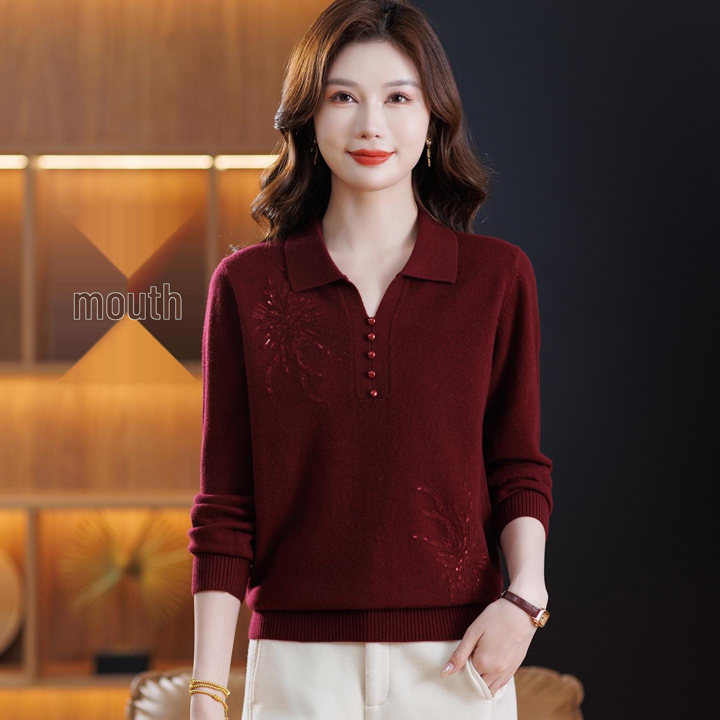 

Elegant Women s 100% Wool Lapel Sweater - Loose, Stylish, Warm Knitwear for Autumn/Winter L [100-115 jin] вина червоного кольору