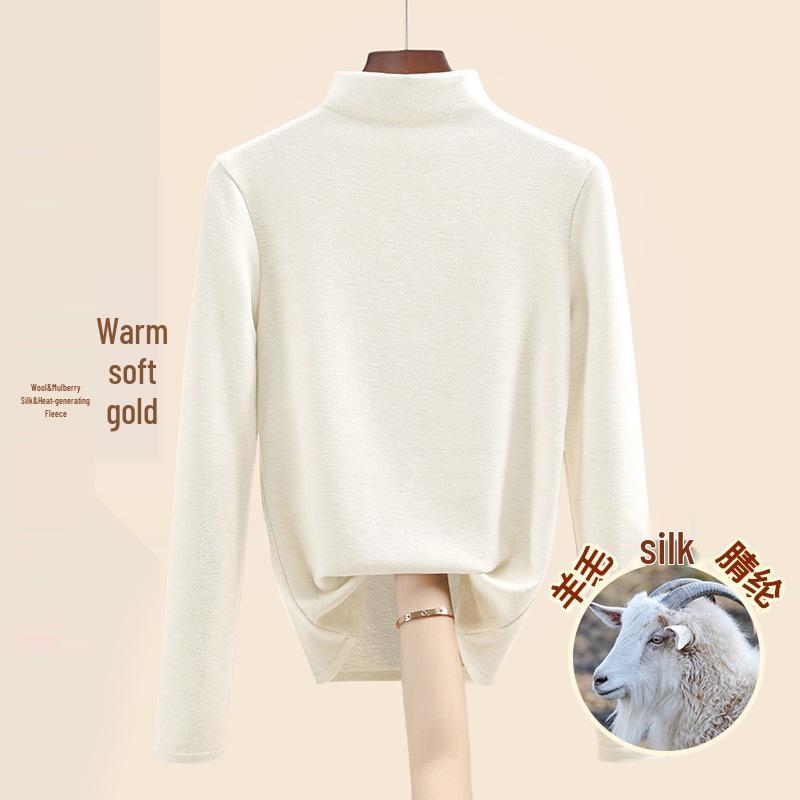 Women's Mulberry Silk Wool Fleece-Lined Warm Base Layer, Mid-High Neck, Autumn/Winter 2025 Collection