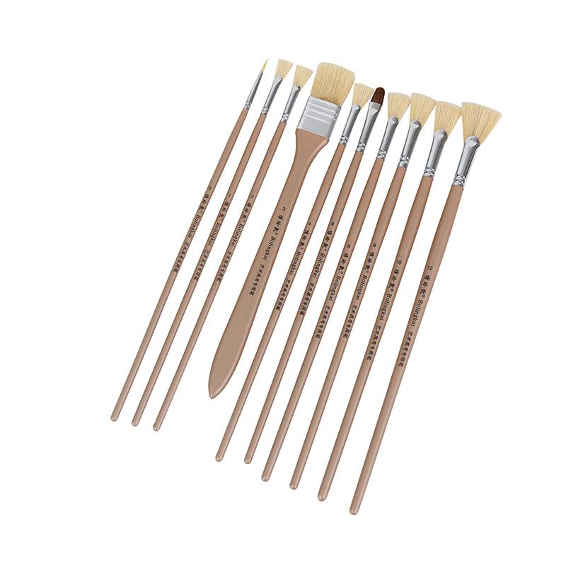10-Piece Hog Bristle Brush Set: Liner, Flat Head, Gouache, Acrylic, Wolf Hair, Watercolor, Fan Brush for Oil & Wall Painting.