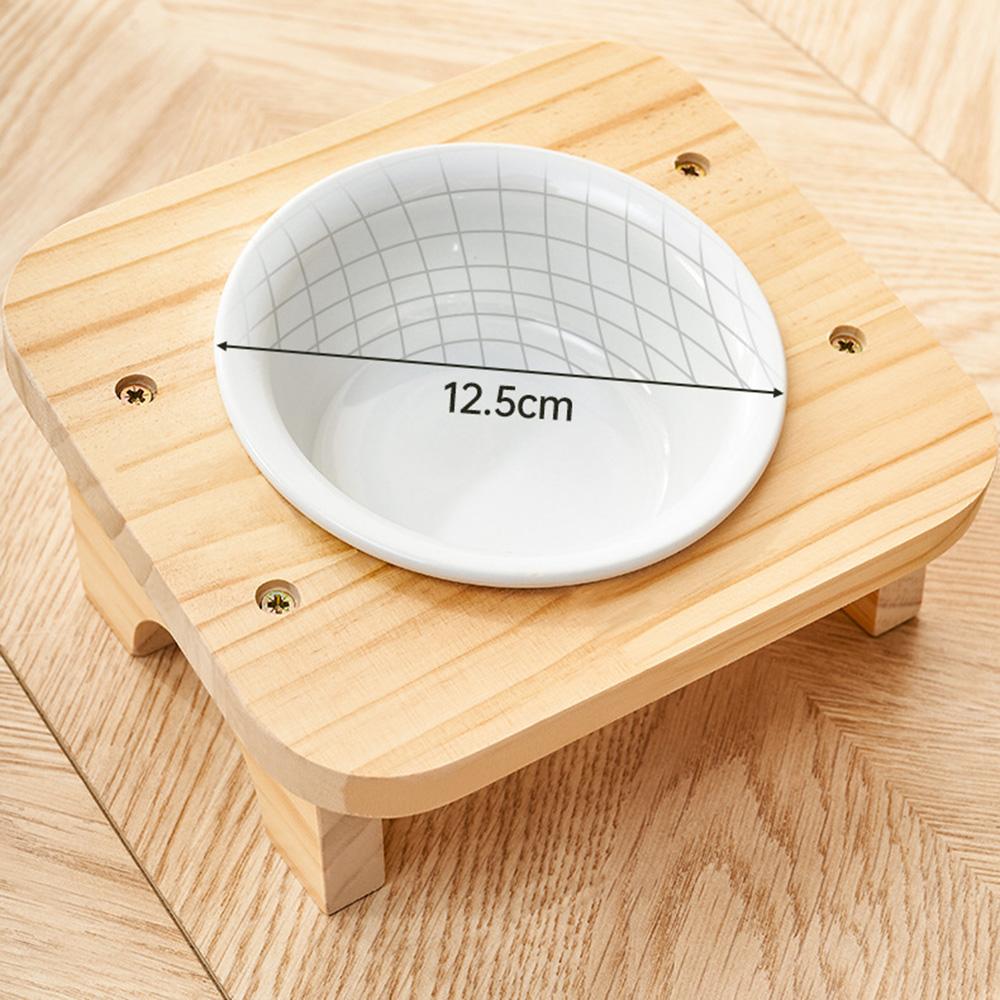 Protect Cervical Spine Elevated Pet Feeder with Wood Stand Tilted Cat Dish Ceramic Cats Bowl  Water