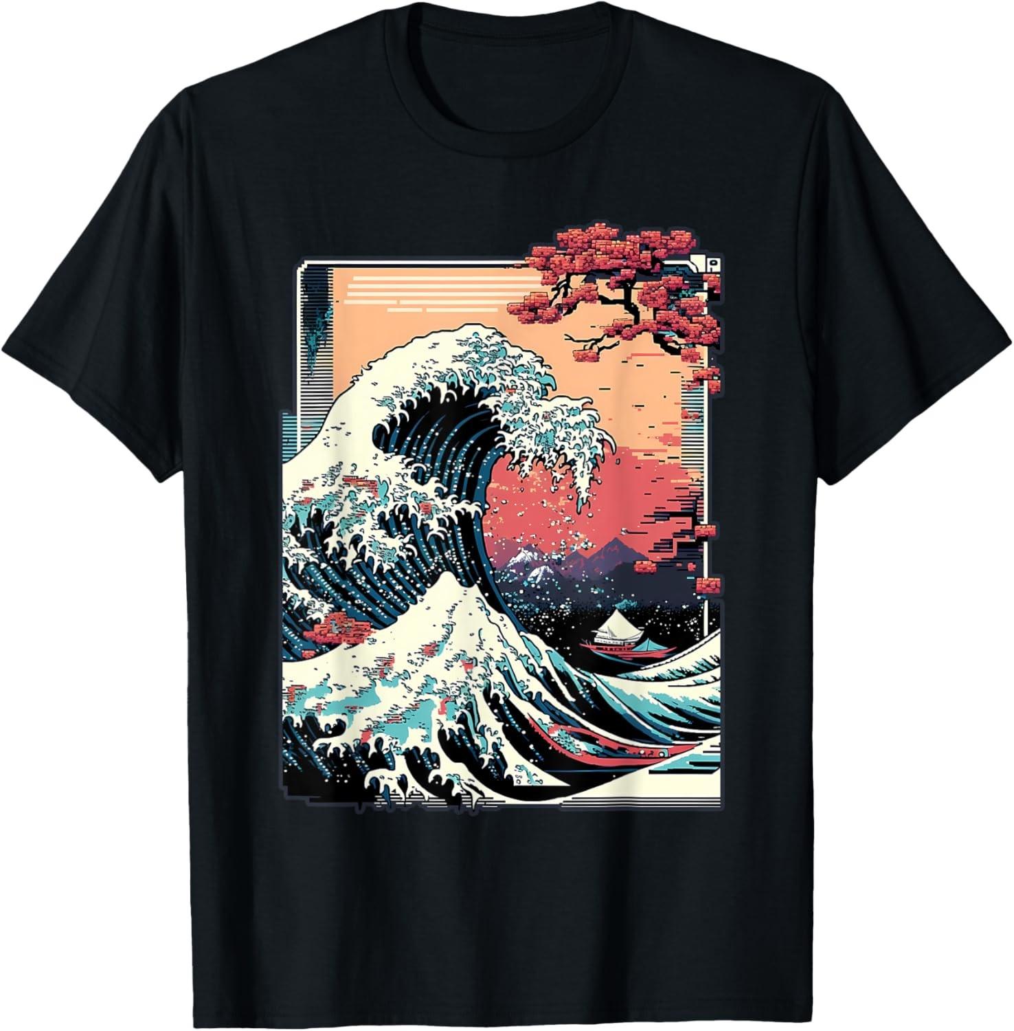 Vaporwave Glitch Aesthetic Great Wave off Kanagawa Retro T-Shirt S