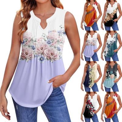 Womens Summer Tank Tops  Pleated V Neck Printing Casual  Top Tank Tops For Women Loose Fit Sleeveless Tunic Shirts