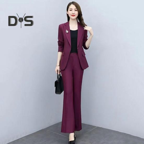 2 Pcs/Set Lady Formal Coat Pants Set Turn-down Collar Long Sleeves Suit Jacket Slim Fit Pure Color Flared Trousers Daily Wear Commuting Outfit Office