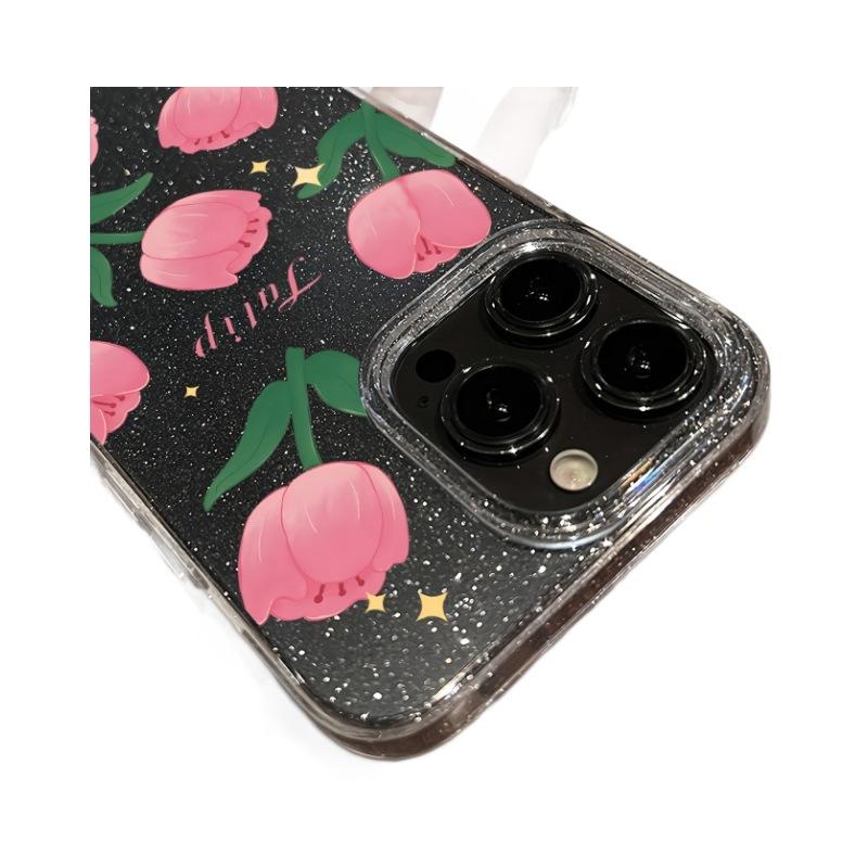 Tulip oil painting is suitable for Apple 13 14 mobile phone case 16promax large hole glitter case XS transparent 11 cute 1