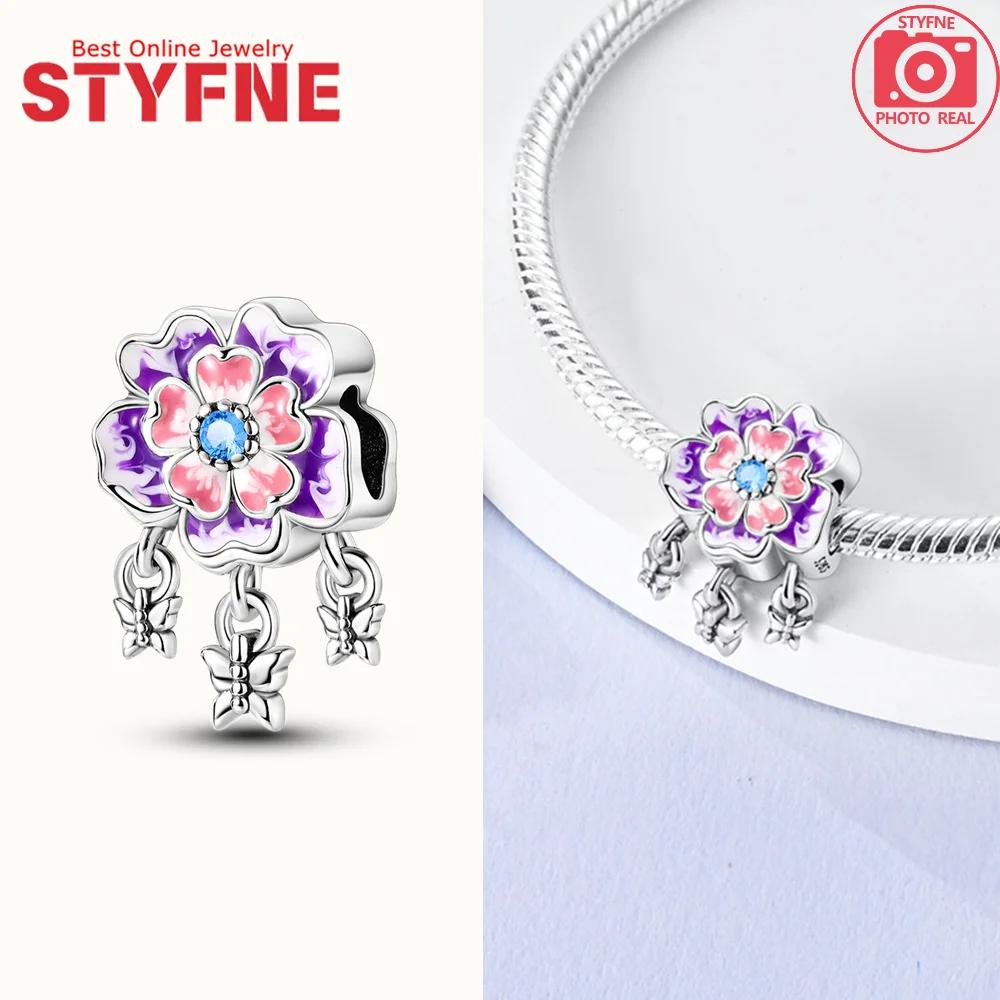Charmscopper Plated Pinkish-Purple Flower Butterfly Pendants Fit Charms Original Bracelet Beads Women Jewellery Making