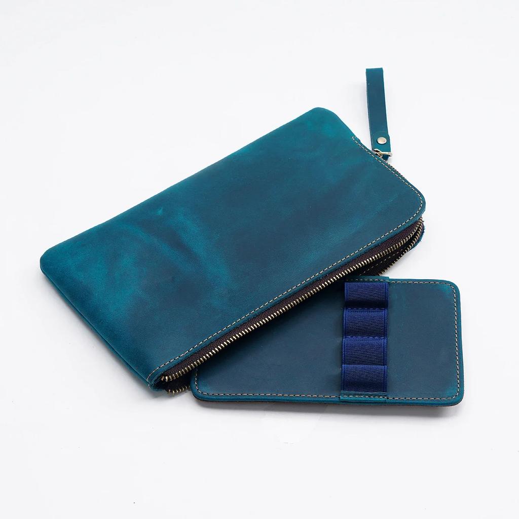 Leather Zipper Pen Case Leather For Men Women Holder Bag Pen Pouch Removable Pen Tray Organizer for School Student Stationery