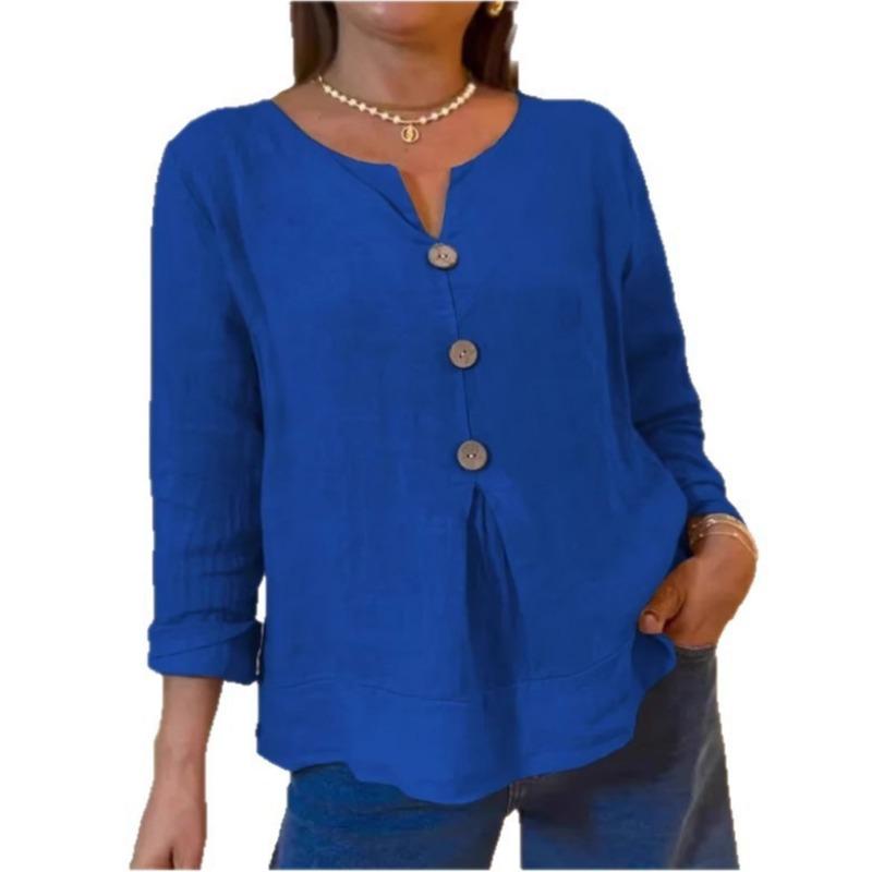 

Summer Loose Shirt Women Fashion V-neck Cotton And Linen Button Top Casual Holiday Office White Shirts Women Clothes 3XL синий