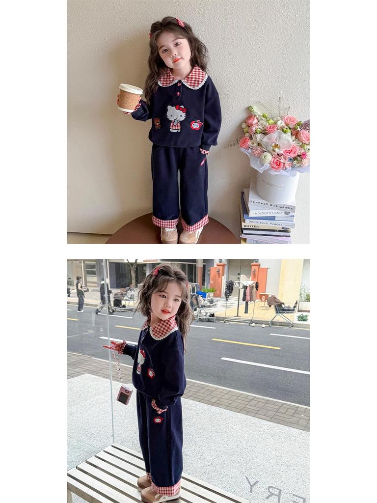 Mädchen Karo Sweatshirt Set - 2025 Herbstmode mit Umlegekragen