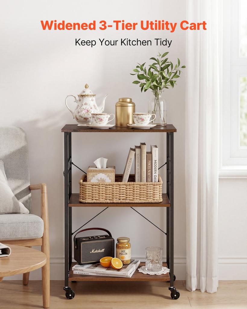 Kitchen Utility Cart, 3 Tier 60 Cm Microwave Stand Coffee Cart, Heavy Duty Storage Rack, Service Trolley On Wheels, Industrial Rolling Work Table with