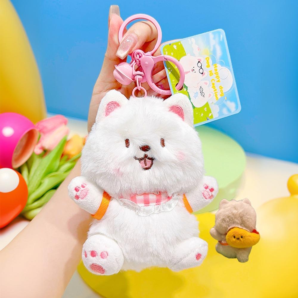 Cartoon Stuffed Animal Doll Keychain Fluffy Doll Squeaky White Dog Pendant  Backpack Decor