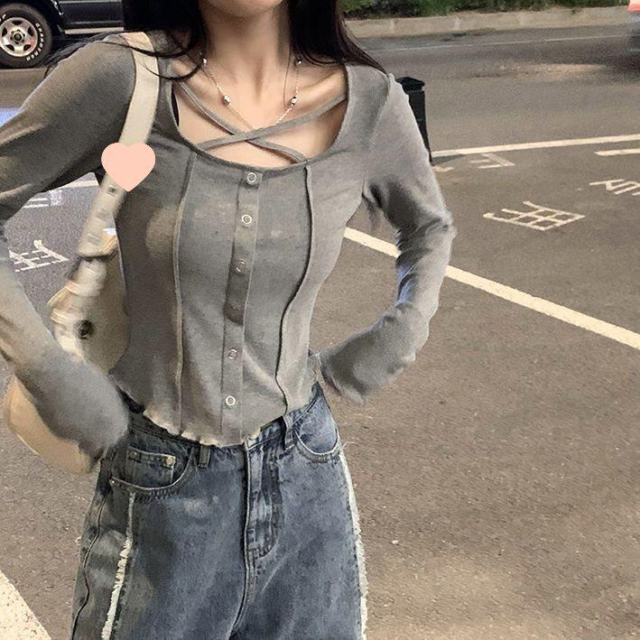 Sweet & Stylish Hot Girl V-Neck Long Sleeve Ribbed T-Shirt - Autumn Slim Fit Women's Top