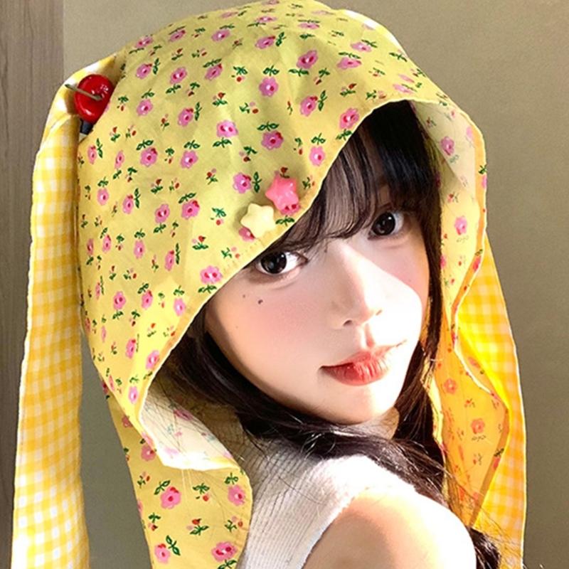 Cute Rabbit Ears Headscarf Hat Cherry Flossom Pattern Soft Cotton Hair Accessory For Women Adults Adjustable Headwear
