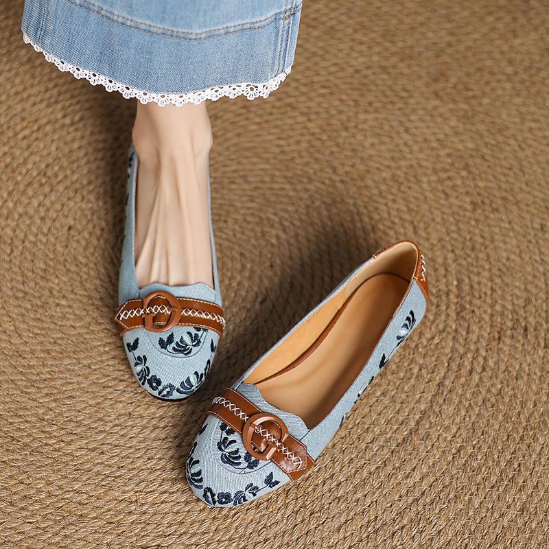 

Мода 2025 Новая Женская Обувь Модные Весенние Туфли-Лодочки Круглый Носок Слипоны Повседневная Женская Обувь Квадратный Каблук Низкий Каблук Джинсовые Туфли-Лодочки Мелкие 39 синий