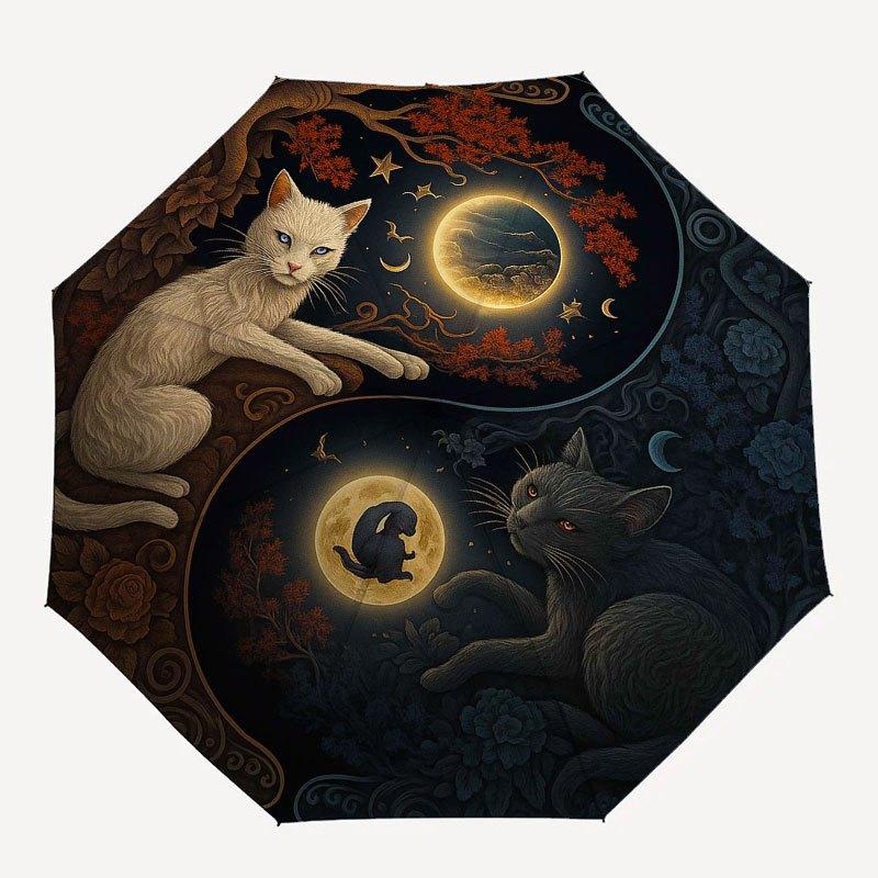 Yin Yang Cats: A Mystical Nighttime Art Print Umbrella, Cute Umbrella with Cute Design, Portable 3-Fold Compact Umbrella for Men & Women, Valentine's