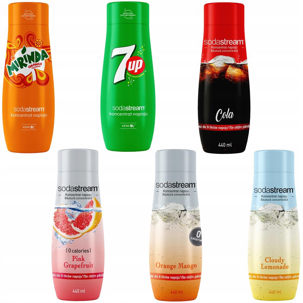 Set di 6 concentrati SodaStream Mirinda + 7UP + Cola + Pompelmo + Arancia-Mango + Limonata