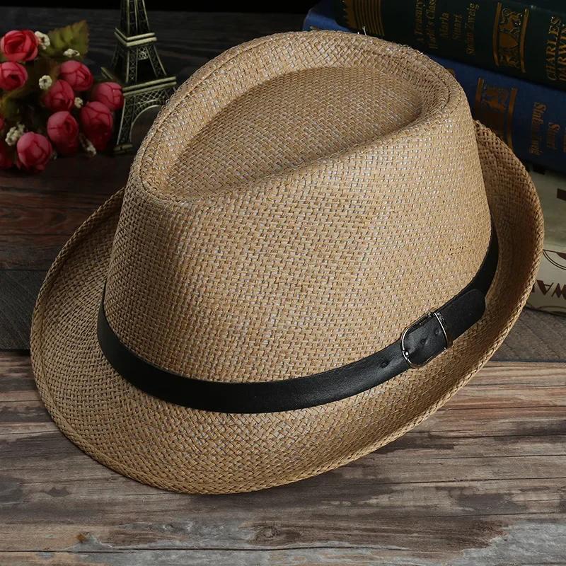 Men's Fashion Woven Straw Sunshade Hats Casual Buckle Beach Sun Wedding Black with Belt Head Accessories Gifts Decor