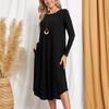 Women's Casual Round Neck Long Sleeve Curved Hem Loose Long Dress With Pocket