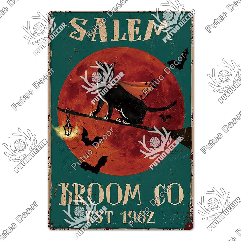 Putuo Decor Halloween Schwarze Katze Vintage Metallschild Plakette Metall Vintage Blechschild für Wohnzimmer Tür Tierhandlung Wanddekoration