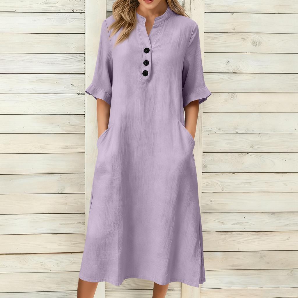 Modna Damska Jednokolorowa Luźna Sukienka z Kołnierzykiem Stojącym i Krótkim Rękawem