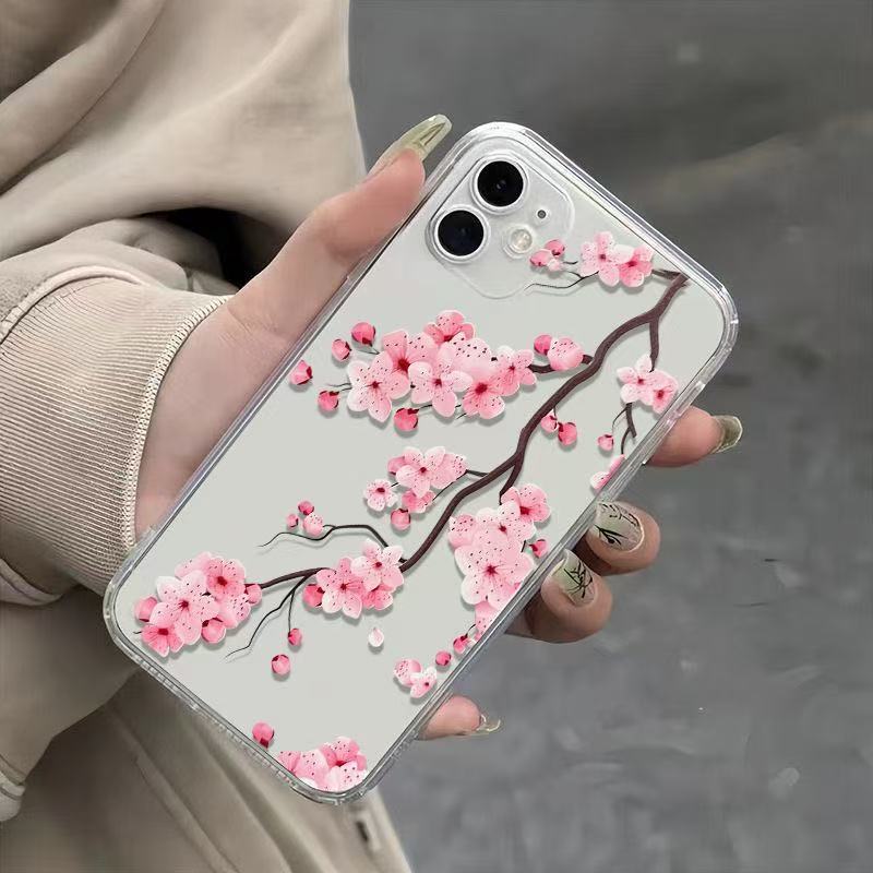 Pink Cherry Blossom Transparent Soft Anti Drop Phone Case For Apple Iphone