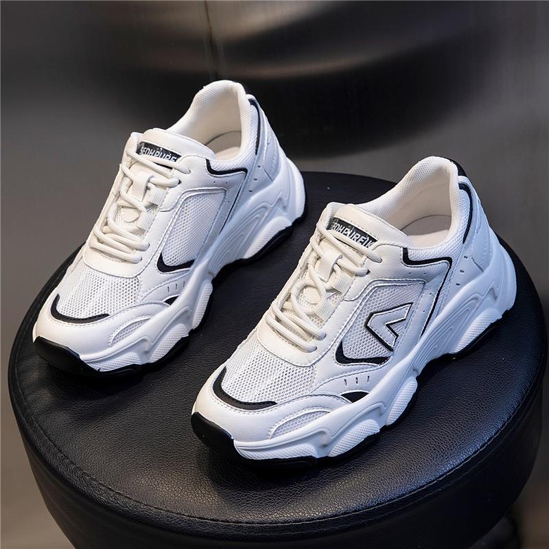 Sneakers women's spring summer 2025 new casual women's shoes through the net running single shoes women's thick soles increase height leather dad