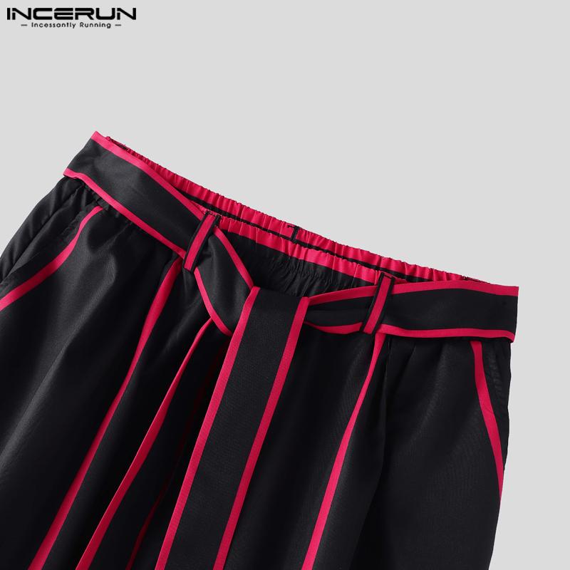 INCERUN Men Elastic Waist Hit Color Belt Casual Thin Harem Pants with Pockets