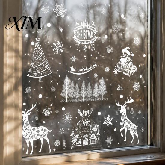 Elk Sleigh Glass Stickers 6Pcs Christmas Window Clings, Retro White Line Static Sticker for Holiday Electrostatic Film Decoration, Reusable PVC Santa
