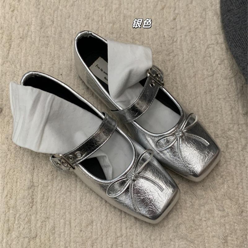

Square head leopard print flat French Mary Jane single shoes women s shoes 2025 new spring silver ballet evening shoes 40 серебряный