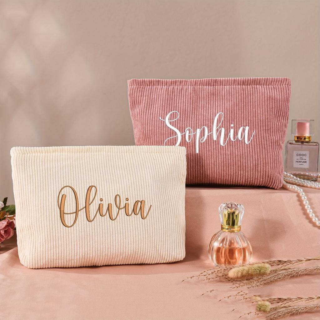 Personalized Embroidered Corduroy Makeup Bag Letter Toiletry Cosmetic Pouch Bridesmaid Proposal Gift Custom Makeup Bag for Women