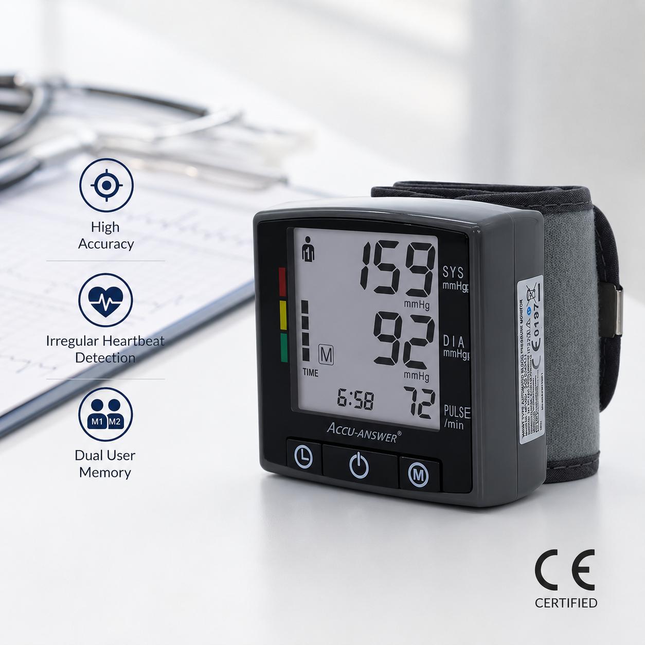 Digital Blood Pressure Monitor for Home Automatic Wrist BP Machine Irregular Heartbeat Detection Dual User Memory CE Certified Plastic