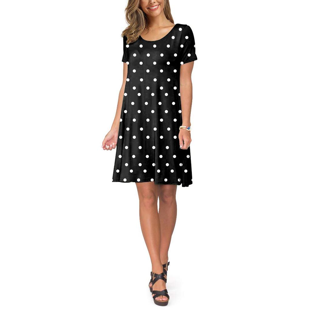 Women Summer Short Sleeve Flower Printed Pockets Sundress Casual Swing Dress