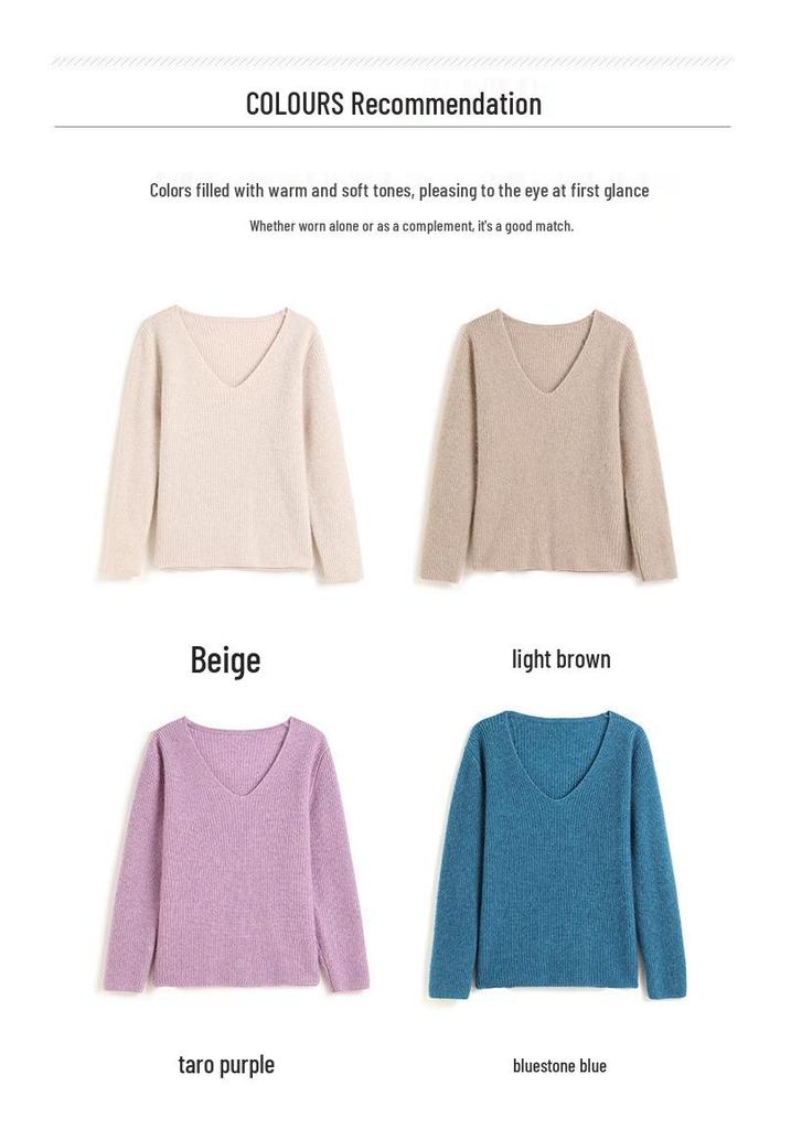 Women's 2025 Autumn/Winter V-Neck Cashmere Sweater: Solid Color, Loose Fit, Short, Long Sleeve Knit Base Layer