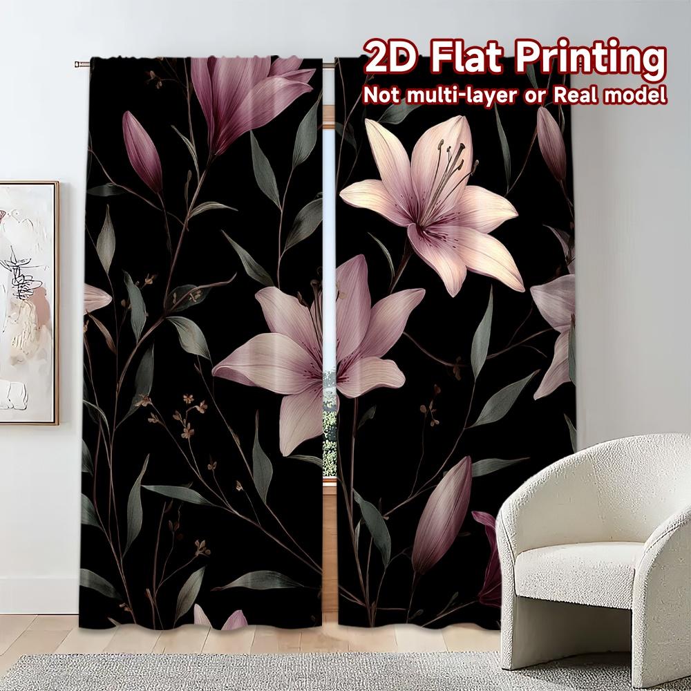 Set Of 2 Modern Flat Printing Curtains Without Rod Floral Elegance Black Fashionable Curtainments During Valentine Curtain Made Polyester