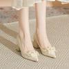 Women's Chunky Heel Satin Bridal Shoes - Pointed Toe with Floral Design for Weddings and Engagements