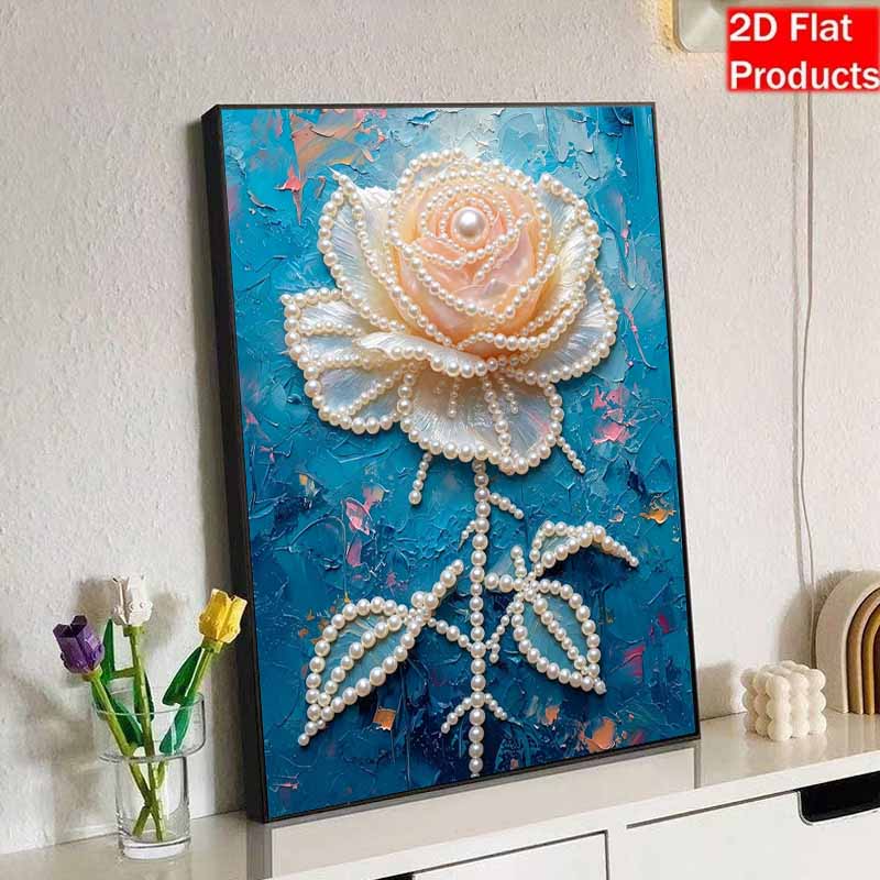 DIY Frameless Pearl Painting Kit Elegant Rose Bloom 3D Shiny Bead Art Canvas Relaxing Craft for Adults Home Wall Decor Gift