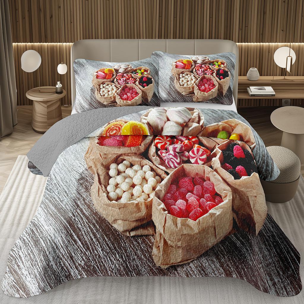 Søtt godteri dynesett for jenter gutter tenåringer, Lollipop-tema sengeteppe sett King dessert quiltet overkast tegneseriestil sengetøy