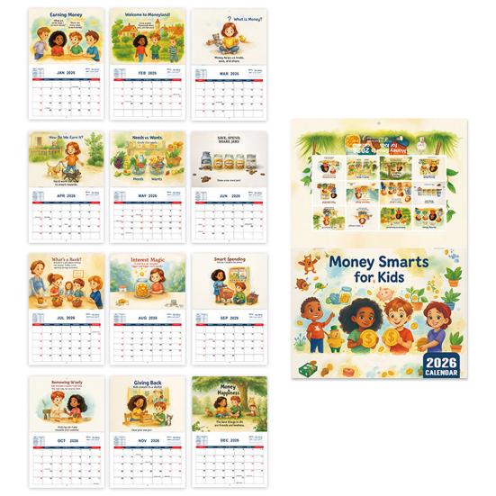 2026 Money Smarts for Kids Calendar Money Learning Monthly Planner with Colorful Illustrations And Money Management Concept for Classroom Home