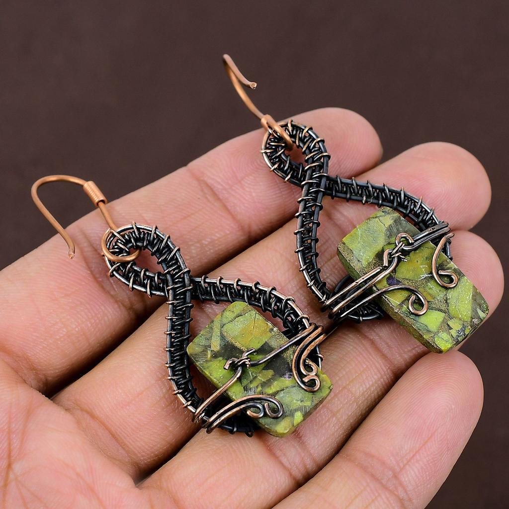 Natural Copper Green Turquoise Stone Handmade Copper Wire Wrap Earring 2.6 q0a42