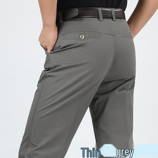 Men's Plus Size High Waist Cotton Work Pants - Summer Lightweight Casual & Formal Straight Leg Trousers for Middle-Aged & Elderly.