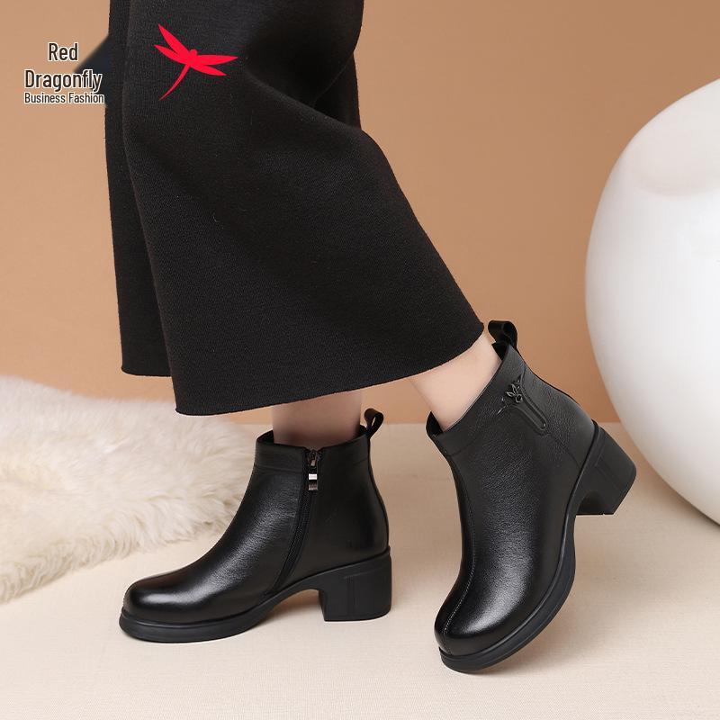 Red Dragonfly Women's Winter Leather Boots - Warm, Thick Sole, High-Top, Plus Velvet for Middle-Aged and Elderly