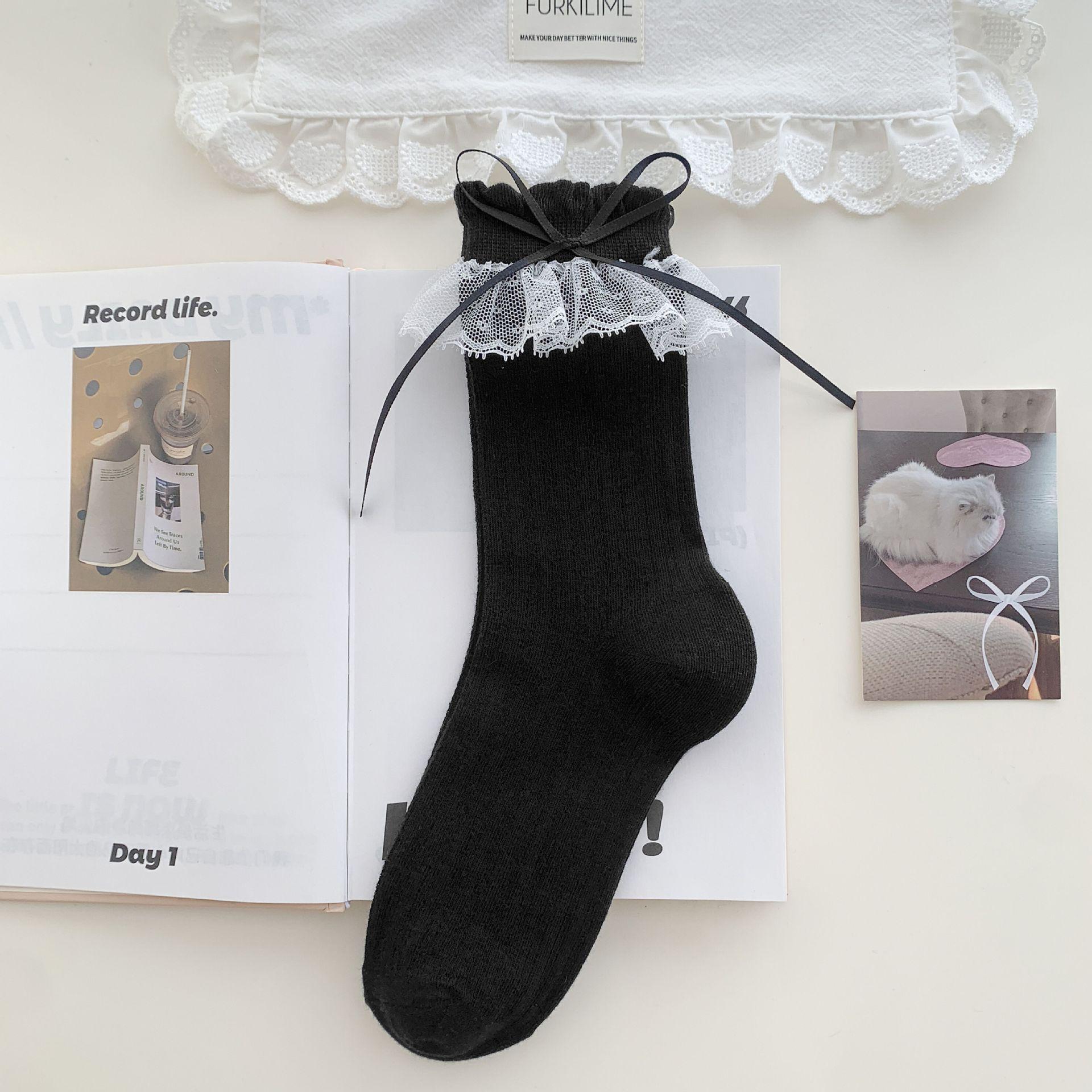 

Women s Mid-Calf Ballet Style Socks: Grey Lace Trim with Sweet Bow, Korean-Inspired Summer Fashion One Size чорний