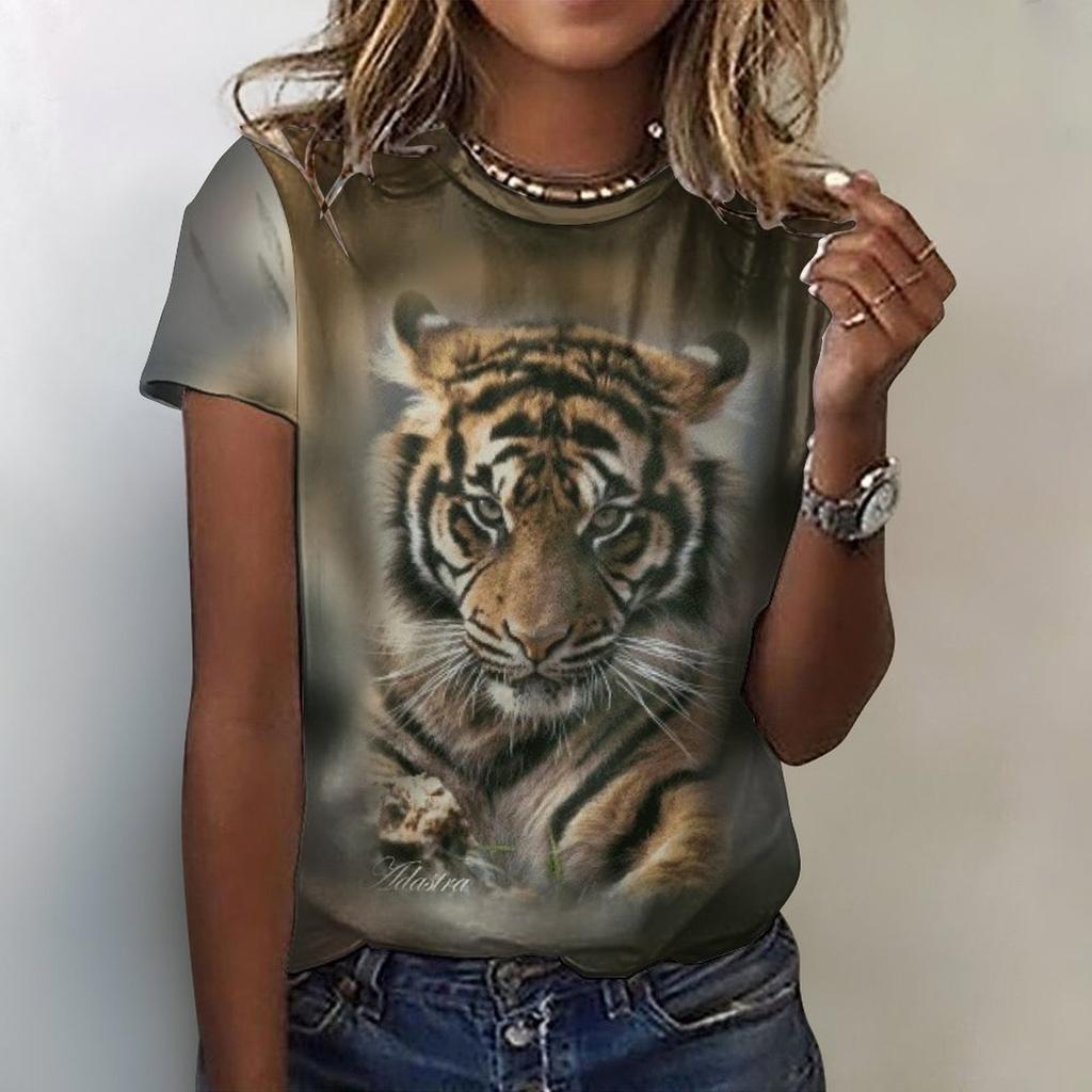 Summer Fun Creative Animal Tiger 3D Digital Printed Women's Round Neck T-shirt