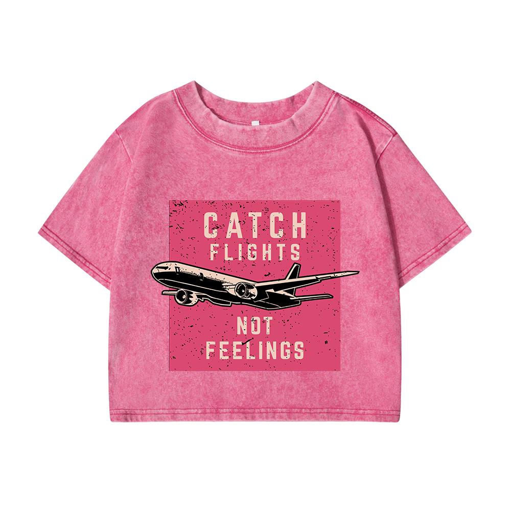 Women Cotton Washed T-Shirts Fashion Distressed Regular Fit Crop Tops Catch Flights Not Feelings Printing Tees Clothes