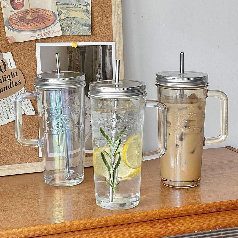 High-capacity 580ml Glass Coffee Mug with Safety Stainless Steel Straw and Lid Sealing Cover Home Drinks Glass Cup with Handle