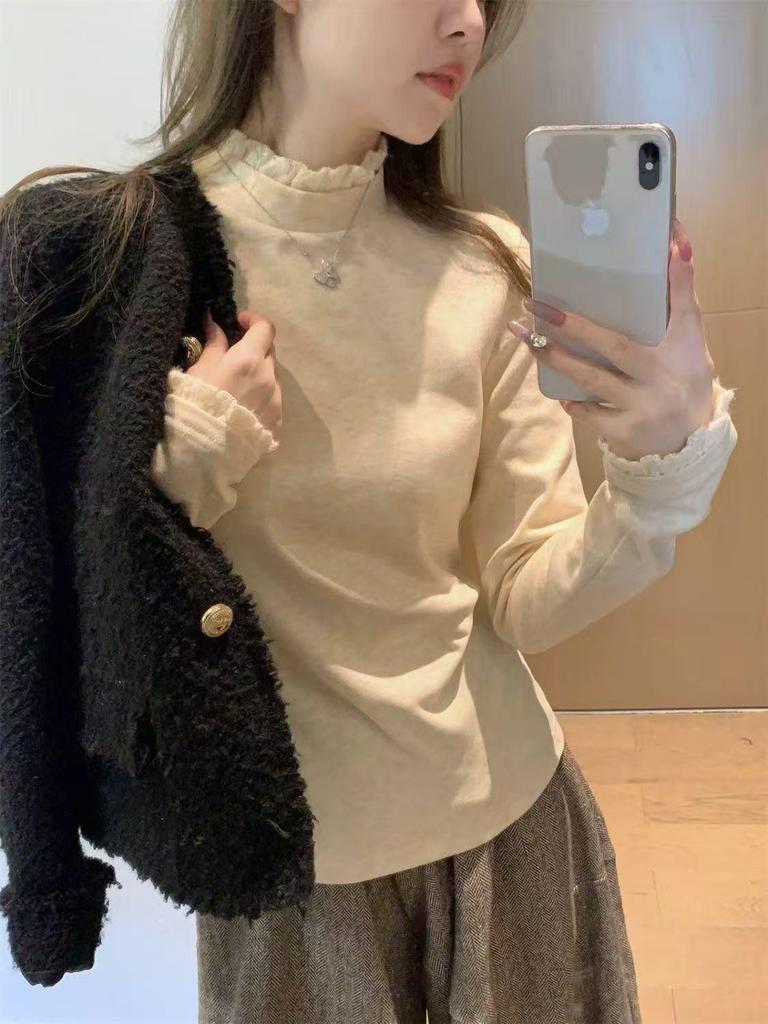 Korean Lace Trim Half-High Neck Long Sleeve Women's T-shirt: Slimming, Chic, Versatile Base Layer