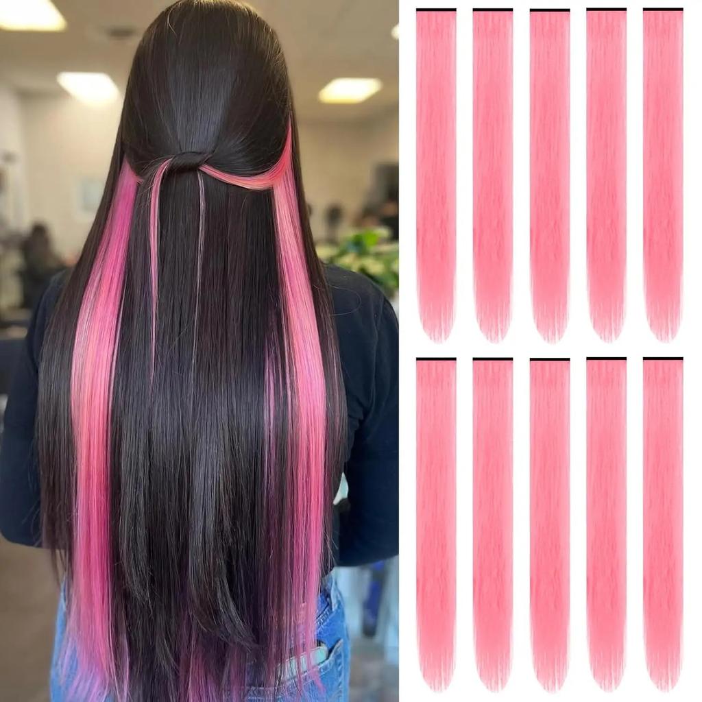 Long Straight Synthetic Black Hair Extensions Clip In Colored Party Highlights Hairpieces for Women Kids Girls