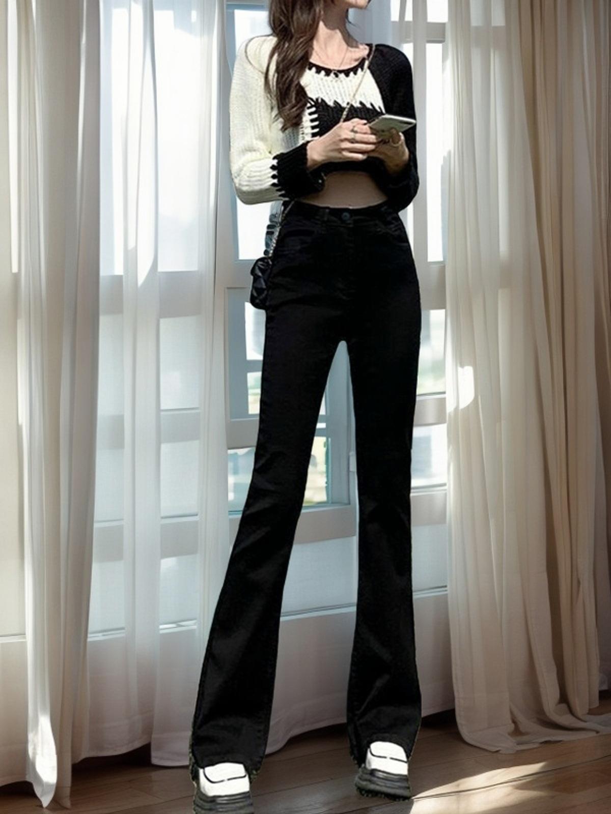 Women s Black High-Waisted Micro-Flare Jeans - Spring 2025 Trendy Cropped Trousers S [85-95]