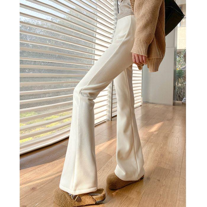 Women's White Wide-Leg Fleece-Lined Pants - High-Waisted, Slightly Flared, Thickened for 2024 Autumn/Winter